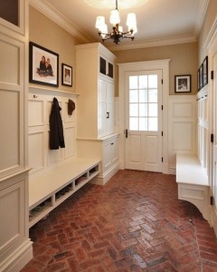 Mud room ideas.  Note the floor, the brackets under the bench and the high wainscot, base show and..ooo... the dor trim...