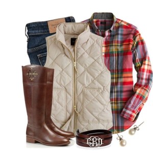 flannel plaid shirt, cream puff vest, dark jeans, brown boots - fall / winter